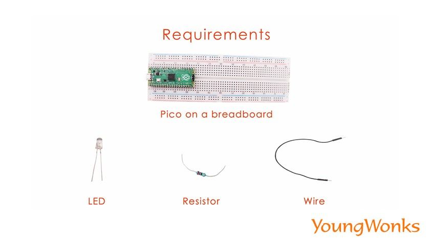 1 raspberrypi pico breadboard wires led resistor