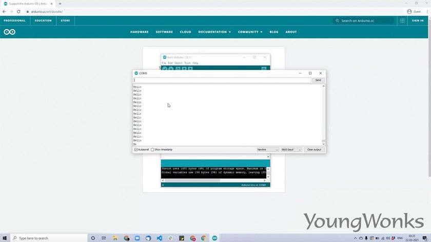 14 arduino uno rev3 succesfully uploaded result serial monitor hello printed