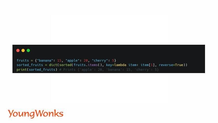 code to reverse sort python dictionary using lambda function