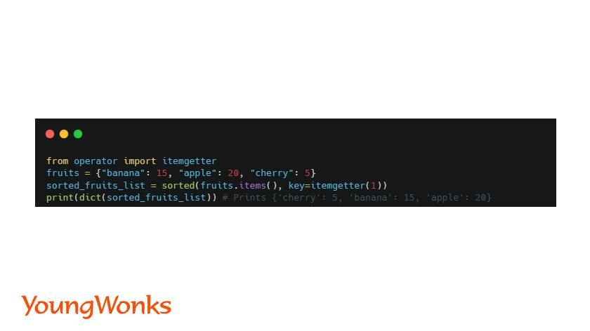 code to sort python dictionary using itemgetter function
