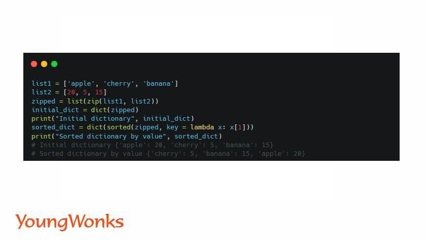 code to sort python dictionary using zip function