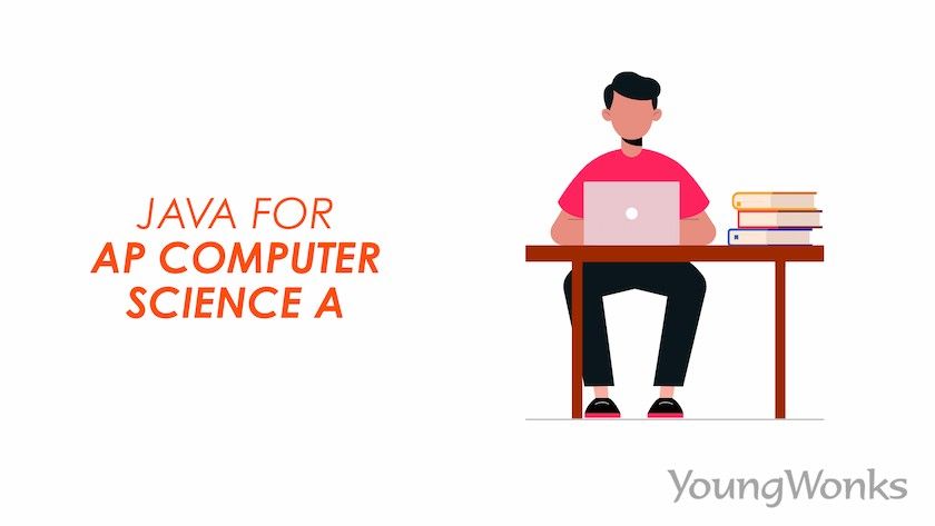 A student preparing for the AP Computer Science A exam using his laptop and a set of Java books.