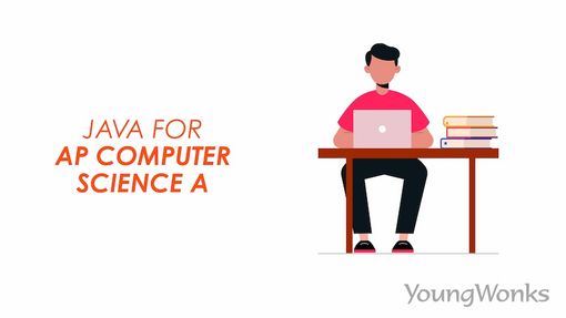 A student preparing for the AP Computer Science A exam using his laptop and a set of Java books.