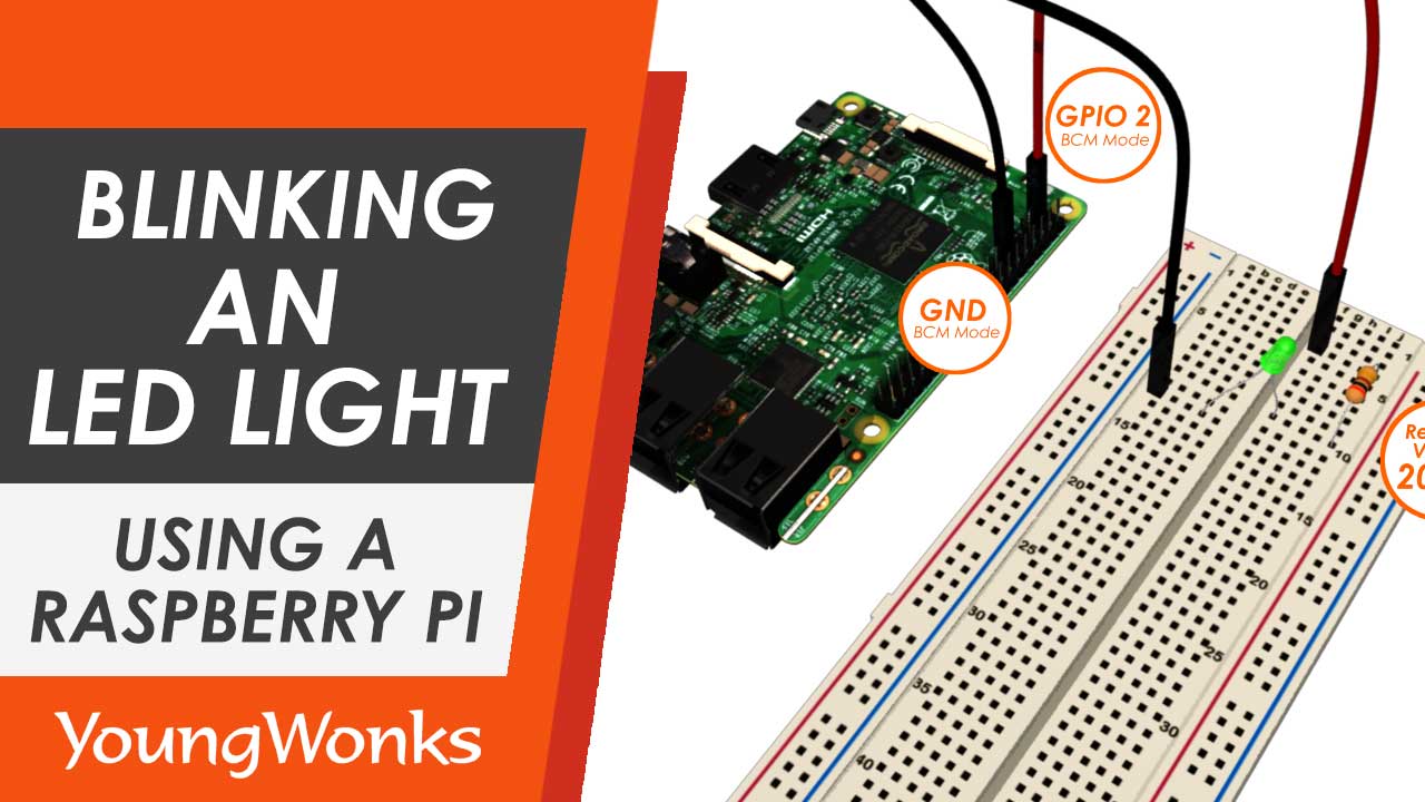 An image that shows a breadboard, a Raspberry Pi, an LED, a resistor and a set of wires.