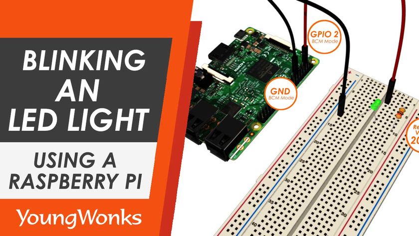 An image that shows a breadboard, a Raspberry Pi, an LED, a resistor and a set of wires.