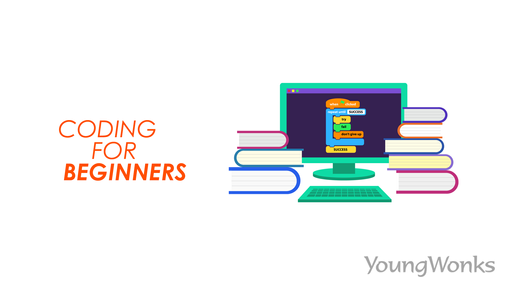 A set of coding books for beginners and a computer showing a script written in Scratch programming