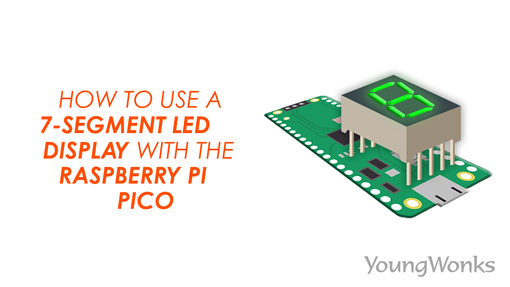An image that shows a 7-segment LED with the Raspberry Pi Pico, and explains a Python program to control a 7-segment LED