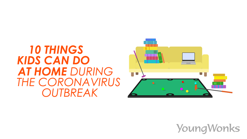 Ten things kids can do at home during the Coronavirus (Covid19) outbreak showing a graphic of some activities including books